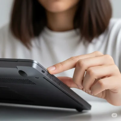 A person demonstrating how to find your laptop model number by pointing to the specific text etched on the laptop's case.