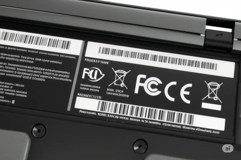 A close-up of a laptop's bottom sticker showing where to find the model number and serial number.